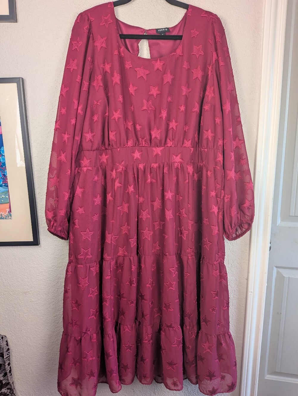 Torrid Star Midi Dress 2X Dark Fuschia Sheer Sleeves Lined Prom Homecoming Dance
